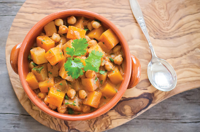 Moroccan spiced chickpea, squash and spinach stew.