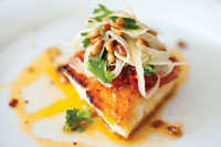 Halibut with Roasted Tomatoes, Shaved Fennel and Pine Nuts