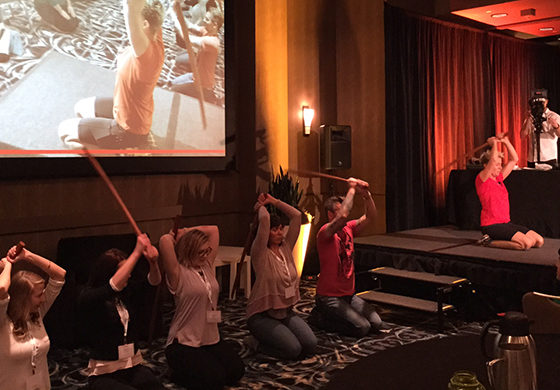 Chef Elizabeth Falkner leads group in sword fitness at WCR Calgary 2105