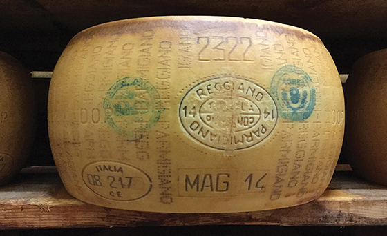 Cheese destined to be sold as a 30- or 36-month-old Parmigiano Reggiano, the date guaranteed by these markings
