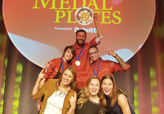 The 2016 Gold Medal Plates gold medal went to chef Eric Hanson (top centre); chef Doreen Prei (top left) took silver, and bronze went to chef Shane Chartrand (top right). Below from left: Olympians Erica Wiebe, Rosie MacLennan and Stephanie Labbe.
