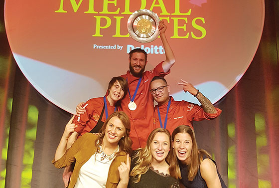 The 2016 Gold Medal Plates gold medal went to chef Eric Hanson (top centre); chef Doreen Prei (top left) took silver, and bronze went to chef Shane Chartrand (top right). Below from left: Olympians Erica Wiebe, Rosie Maclennan and Stephanie Labbe.
