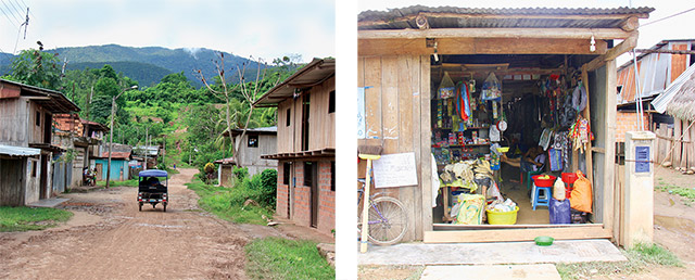 Chazuta town’s main street (left) and general store (right).