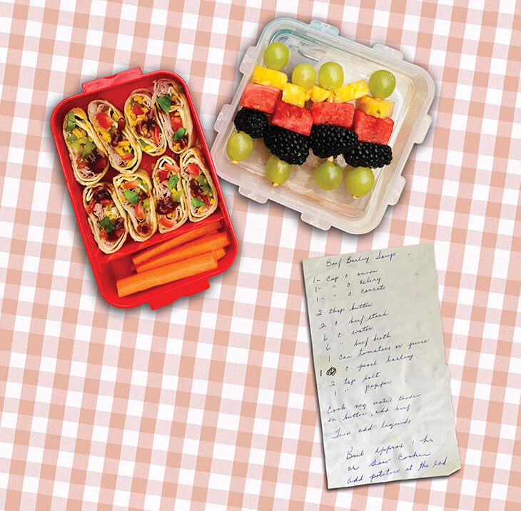 Left: Carla Alexander’s quesadillas and fruit skewers, below: Cindy Lazarenko’s mom’s (not Cindy’s) beef barley soup recipe.