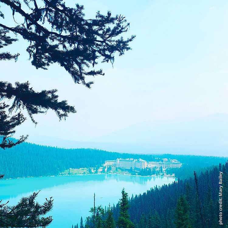 Lake Louise and the Chateau viewed through the smoke from Fairview Lookout