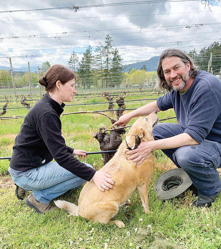 Julie, Zachary and Vino in front of old Bacchus vines at Alderlea.