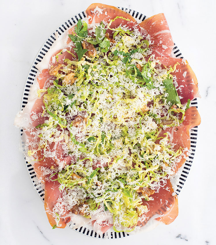  <strong class="recipehednormal">Prosciutto with Brussels Sprouts, Roasted Walnuts and Parmigiano Reggiano