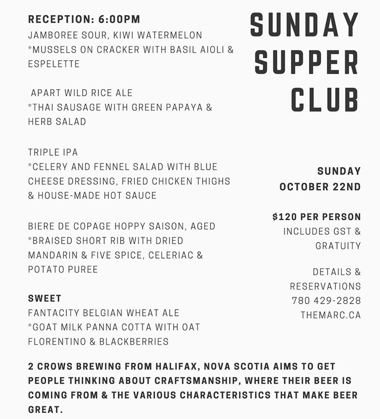 Sunday Supper at the Marc with 2 Crows Brewing